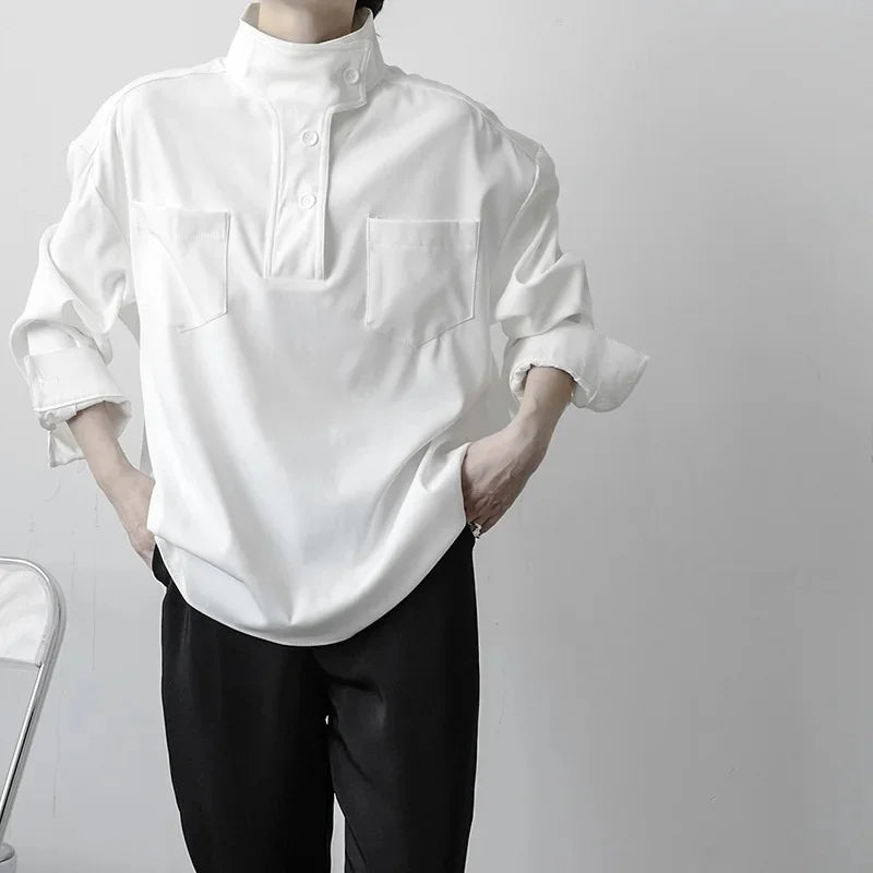 Casual Mid-Neck Shirt Men's Stylish Hairdresser Trendy Brand Casual Stand Collar Inner Wear Spring Trend Neutral Minimalist Styl