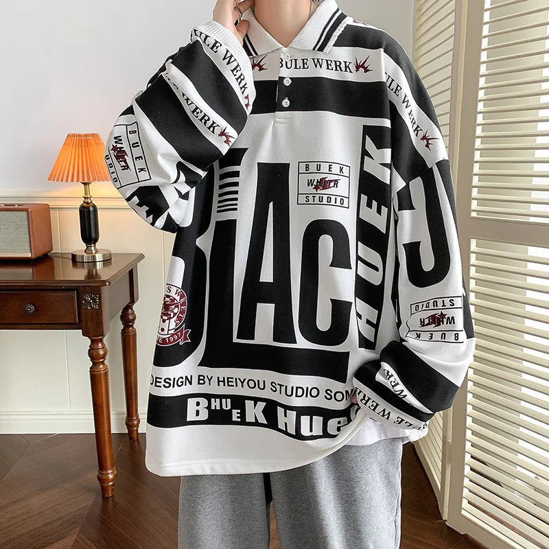 Turn-down Collar Mens Sweatshirts Long Sleeve 2026 Streetwear Harajuku Printed Hoodies Vintage Korean Oversized Outwear