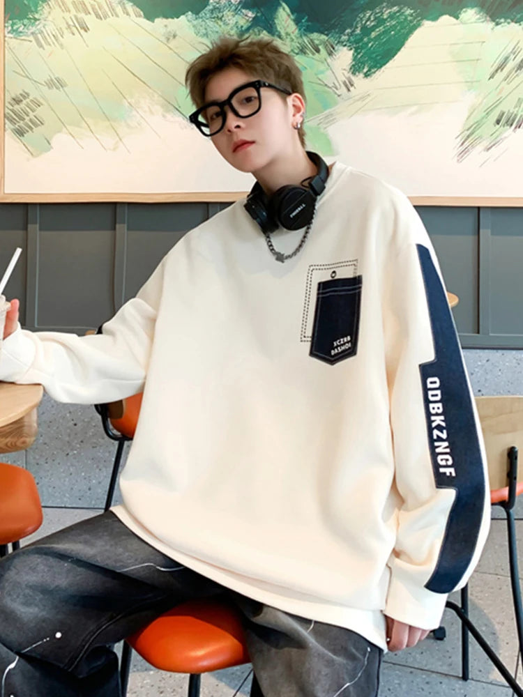 2025 New Patchwork Pockets Sweatshirts For Man Letter Printed Crewneck Pullover Hoodies Autumn Y2K Streetwear Sudaderas Hombre