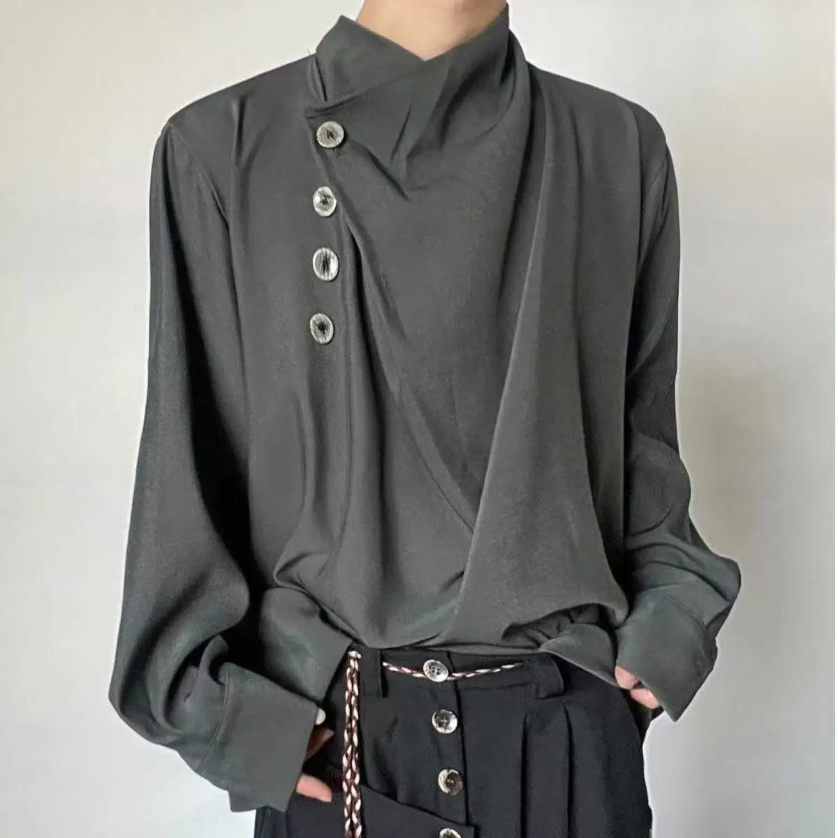 Casual Loose Fit Men's Shirt Stand Collar Asymmetrical Design Vintage Feel Comfortable Summer Casual Shirt Male Model