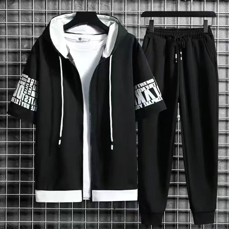 Men Sets 2 Pieces Tracksuit Summer Short Sleeve Hooded Tops +Shorts Streetwear Loose Mens Suit Casual Zipper Hip Hop Sportswear