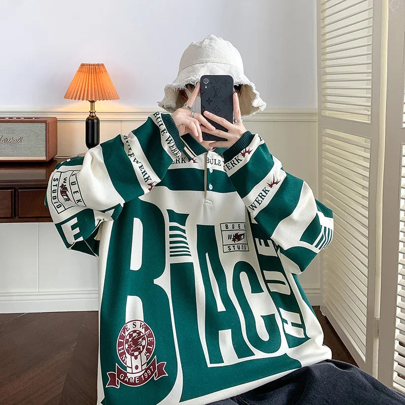 Turn-down Collar Mens Sweatshirts Long Sleeve 2026 Streetwear Harajuku Printed Hoodies Vintage Korean Oversized Outwear