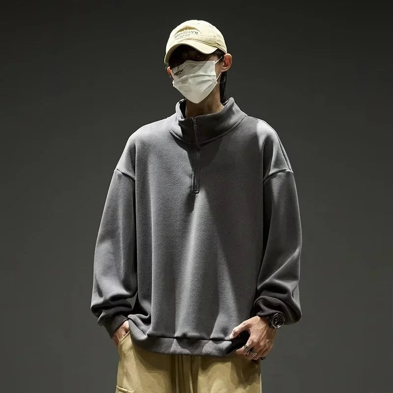 Men's Polar Fleece Half-zip Turtleneck Sweatshirts Korean Fashion Loose Pullover Hoodies New Y2K Vintage Streetwear ropa hombre