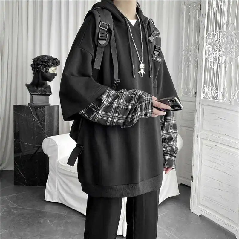 Fake Two Piece Plaid Patchwork Black White Oversize Harajuku Korean Fashion Casual 2024 Hoodie Long Sleeve Autumn Men Sweatshirt