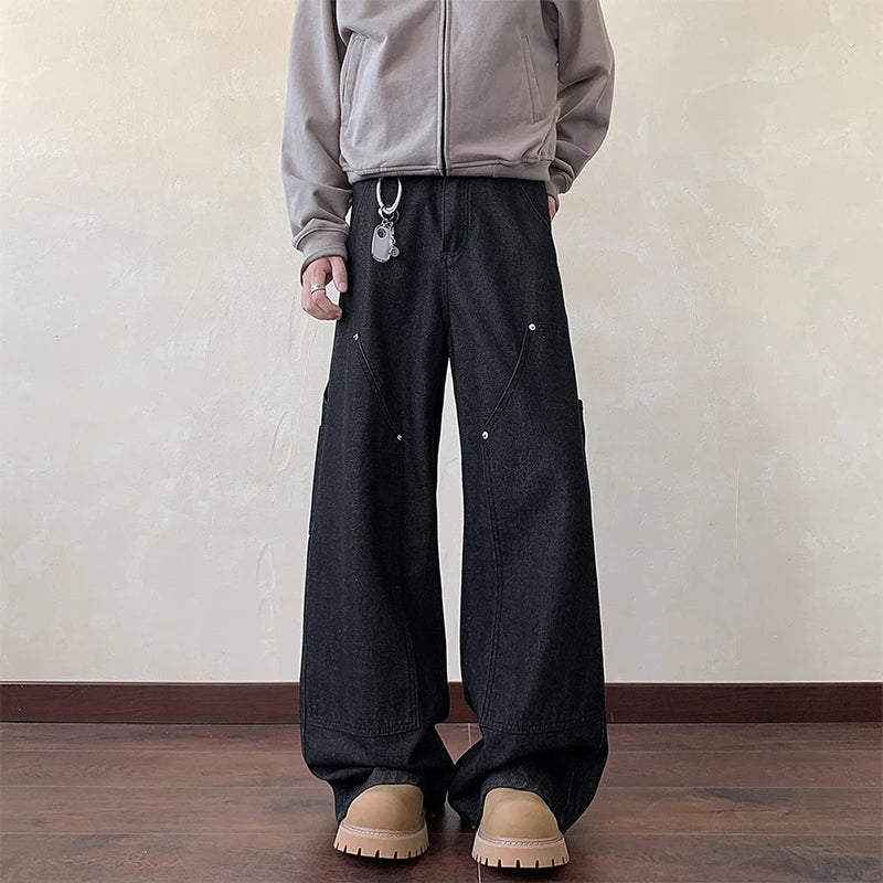 Y2k Black Baggy Cargo Jeans Trousers Men's Vintage Multi-Pocket Cargo Jeans Y2K Vintage Distressed Baggy Denim Pants Wide Leg