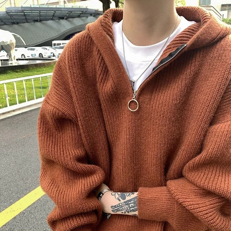 Men's Half-zip Hooded Sweater Winter Loose-fit Trendy Knitted Top Solid Color Simple Casual Line Cloth Pullovers