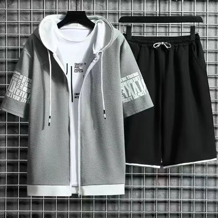 Men Sets 2 Pieces Tracksuit Summer Short Sleeve Hooded Tops +Shorts Streetwear Loose Mens Suit Casual Zipper Hip Hop Sportswear