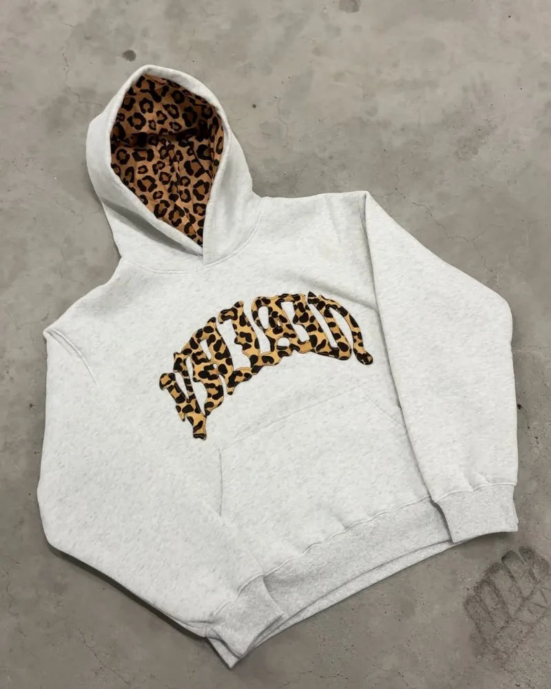 American hip-hop leopard print letter embroidery men hoodie retro Harajuku street sports suit fashionable casual sweatshirts