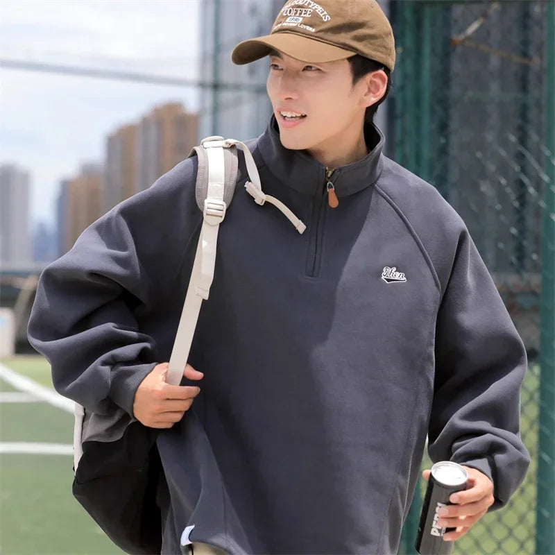 2025 New in Letter Embroidered Half Zip Sweatshirts For Men Spring High Street Fashion Stand Collar Pullover Hoodies Y2K Clothes