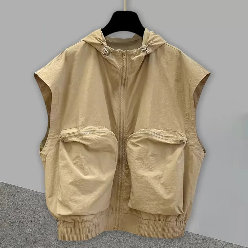 Oversized American Vintage Hooded Vest Men Sleeveless Zipper Hoodie Spring Summer Silhouette Design Denim Shoulder Pads Tank Top