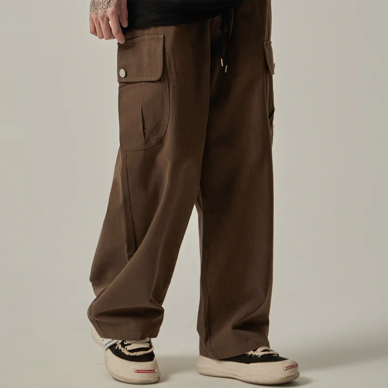 Big Side Pocket Men's Pants Spring Vintage Wide Leg Straight Button Multiple Pockets Work Cargo Pants Male Drawstring Trousers