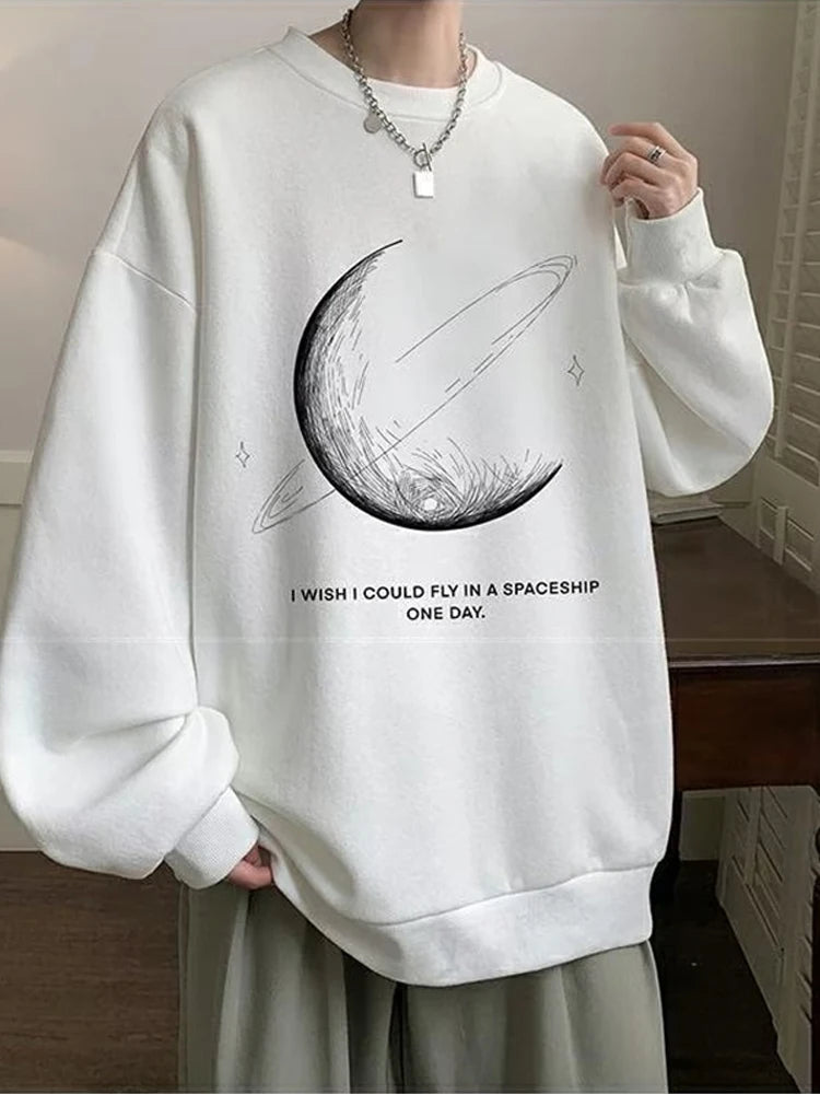 Spring Gothic Moon Printed Long Sleeve Sweatshirts Men's Hip Hop Fashion Graphic Pullover Hoodies Y2K Streetwear Sudaderas