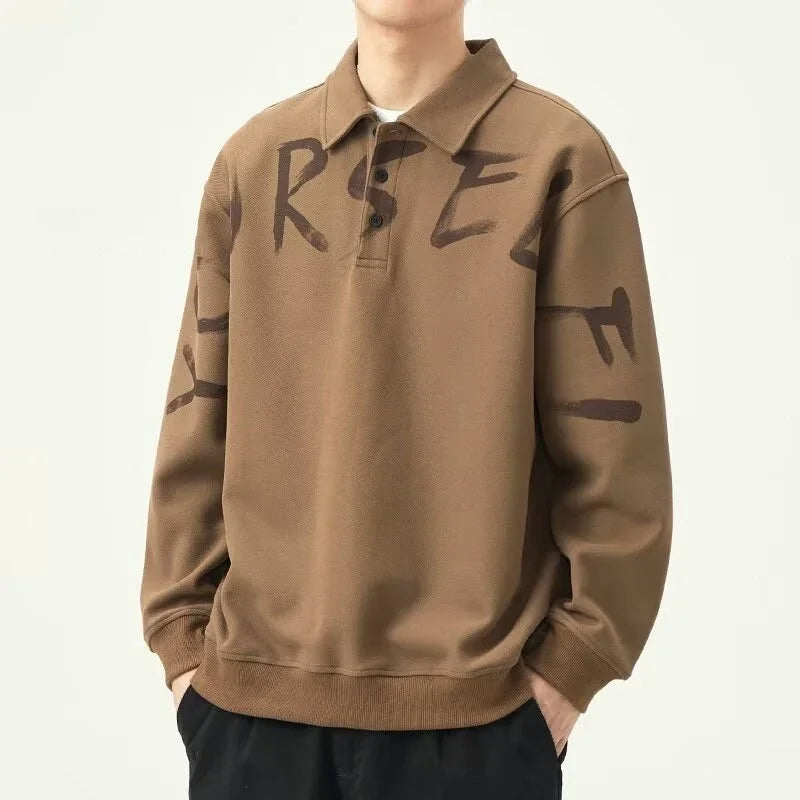 New High Street Letter Print Sweatshirts For Men Autumn Casual Long Sleeve Polo Shirts Y2K Vintage Oversized Lapel Hoodies