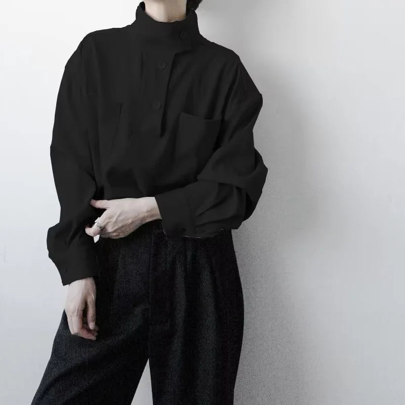 Casual Mid-Neck Shirt Men's Stylish Hairdresser Trendy Brand Casual Stand Collar Inner Wear Spring Trend Neutral Minimalist Styl
