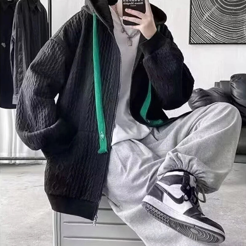 Korean Fashion Waffle Zipper Hooded Sweatshirt Men's Autumn Casual Oversized Y2K Hoodies 2026 New High Street Vintage Jacket