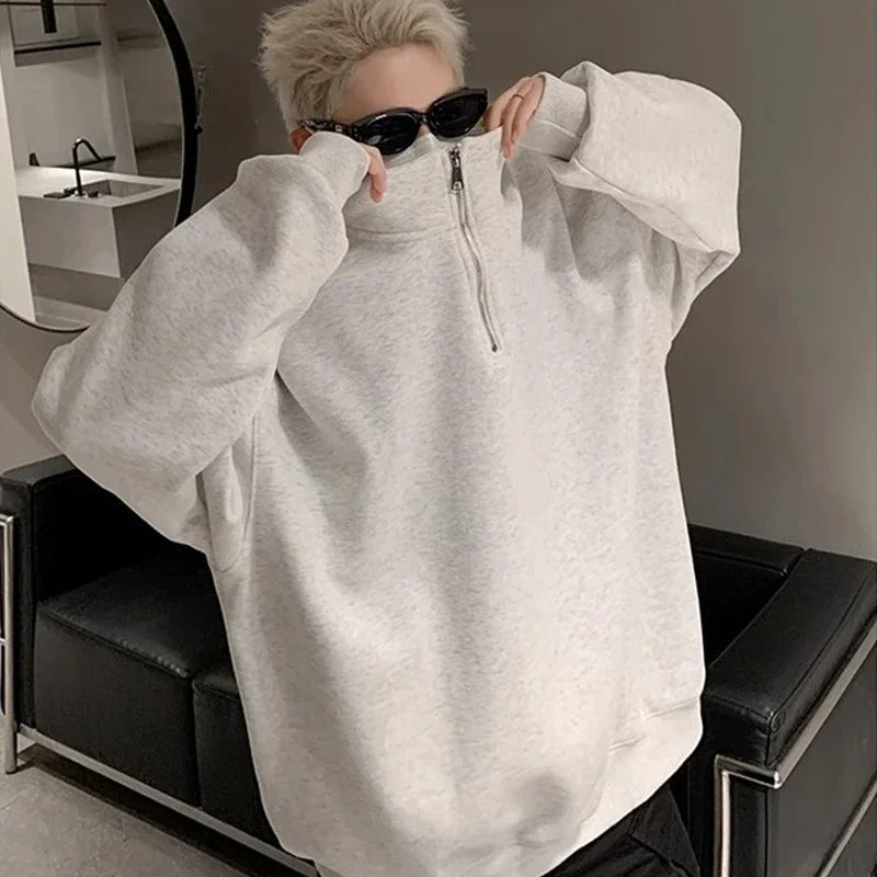 Men's Korean Fashion Half-zipper Sweatshirts Autumn Stand-up Collar Pullover Hoodies Y2K Vintage Solid Tops Hombre Tracksuit