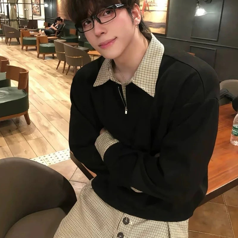 Spring Plaid Polo Neck Half-Zip Sweatshirts For Men Casual Fake Two-Piece Pullover Hoodies 2026 New High Street Y2K Tracksuit
