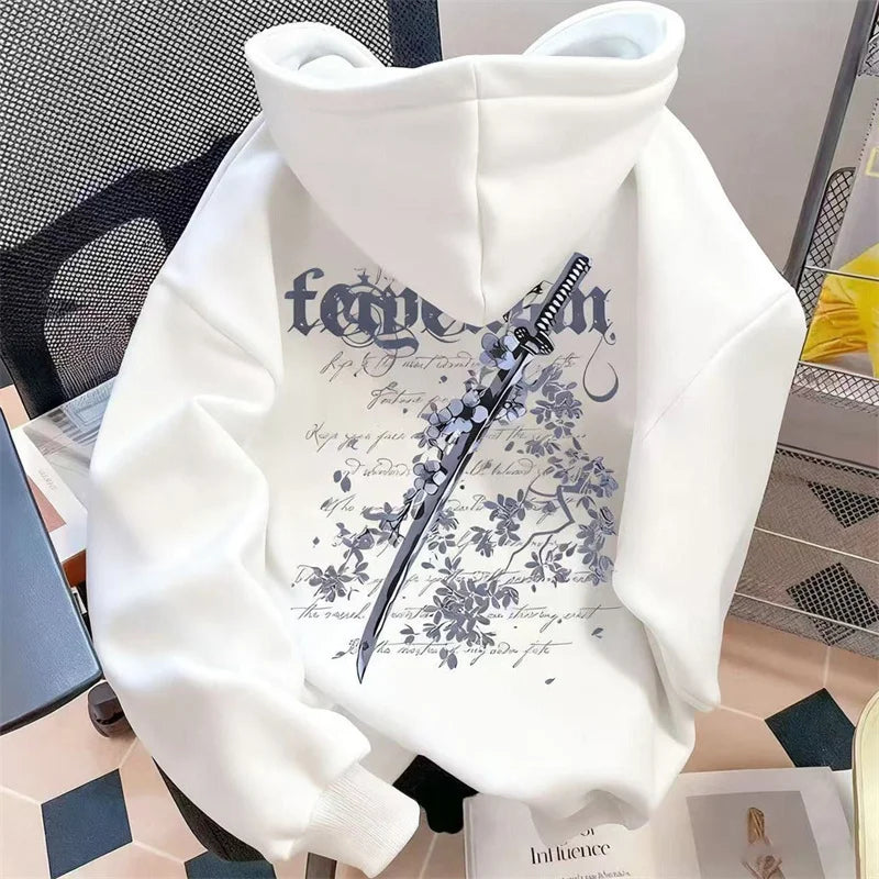 New Japanese Cherry Blossom Sword Graphic Y2K Hoodies Men's Cotton Fleece Oversized Hooded Sweatshirts Hip Hop Streetwear Hoody