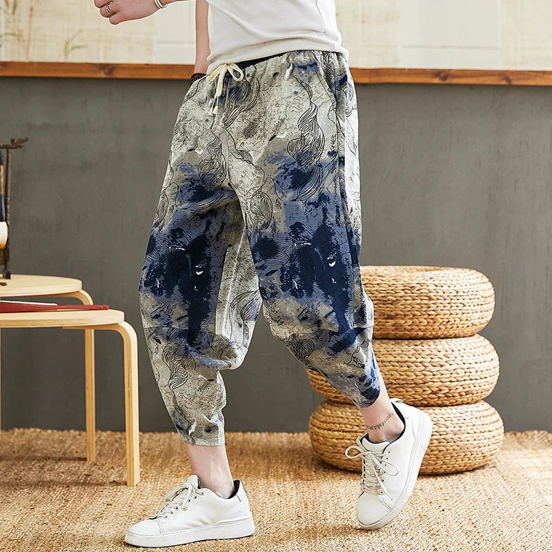 Baggy Cotton Harem Pants Men 2024 Summer Japanese Men Women Hip Hop Plus Size Wide Leg Pants Bloomers Calf-Length Pants Joggers