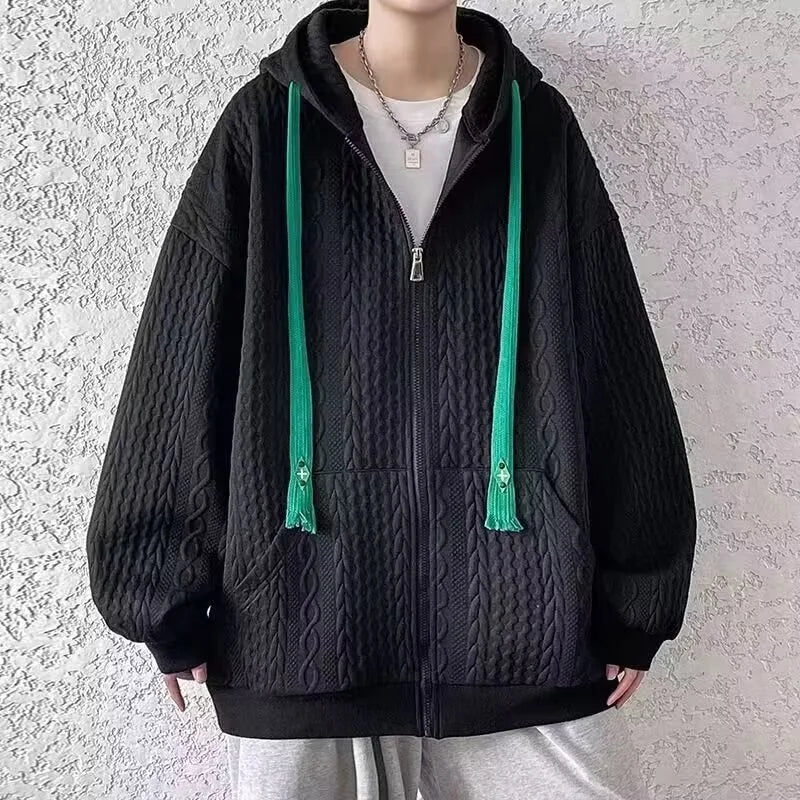 Korean Fashion Waffle Zipper Hooded Sweatshirt Men's Autumn Casual Oversized Y2K Hoodies 2026 New High Street Vintage Jacket