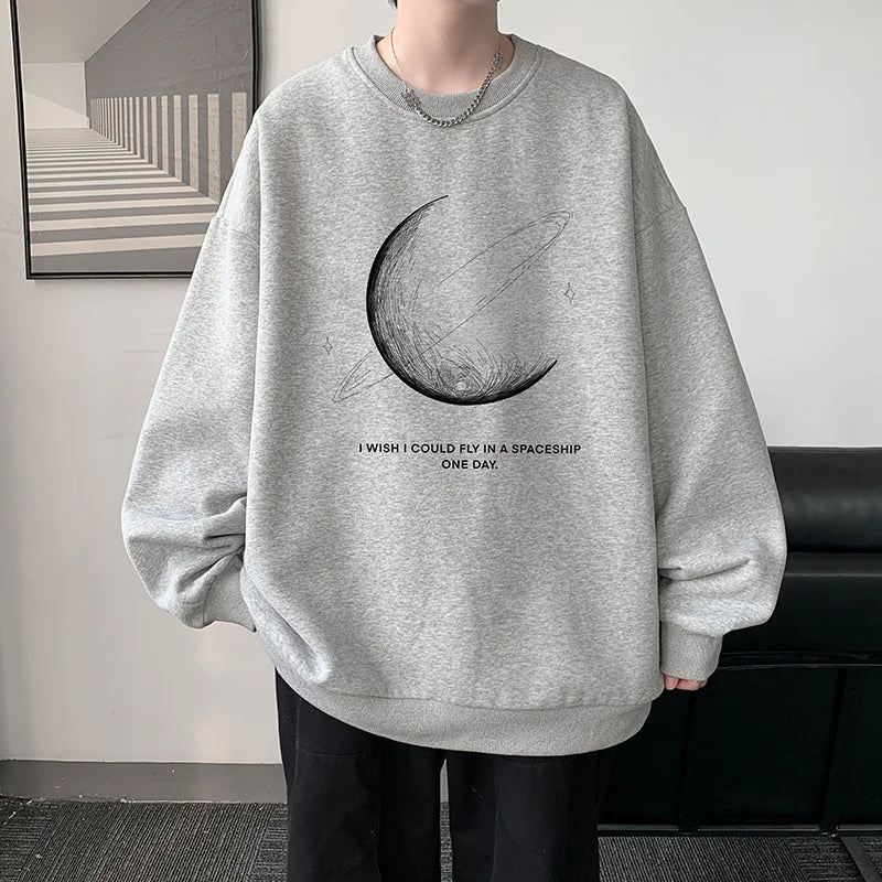 Spring Gothic Moon Printed Long Sleeve Sweatshirts Men's Hip Hop Fashion Graphic Pullover Hoodies Y2K Streetwear Sudaderas
