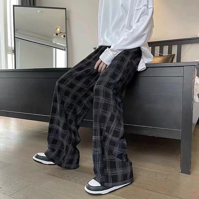 2024 Autumn Corduroy Pants Men Casual Plaid Straight Pant Male Hip Hop Male Loose Trousers for Man