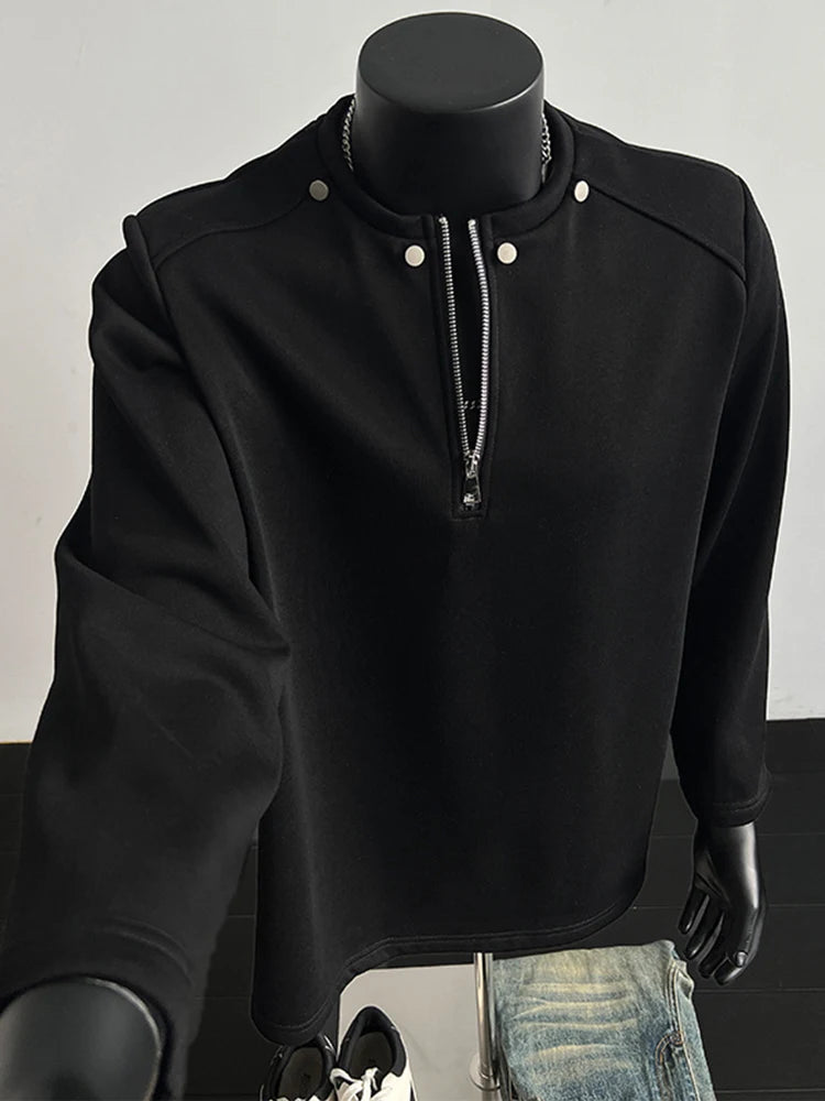 Autumn Casual Half-zip Long Sleeve Sweatshirts Men's Hip Hop Fashion Rivet Design Loose Tracksuit High Street Y2K O-Neck Hoodie