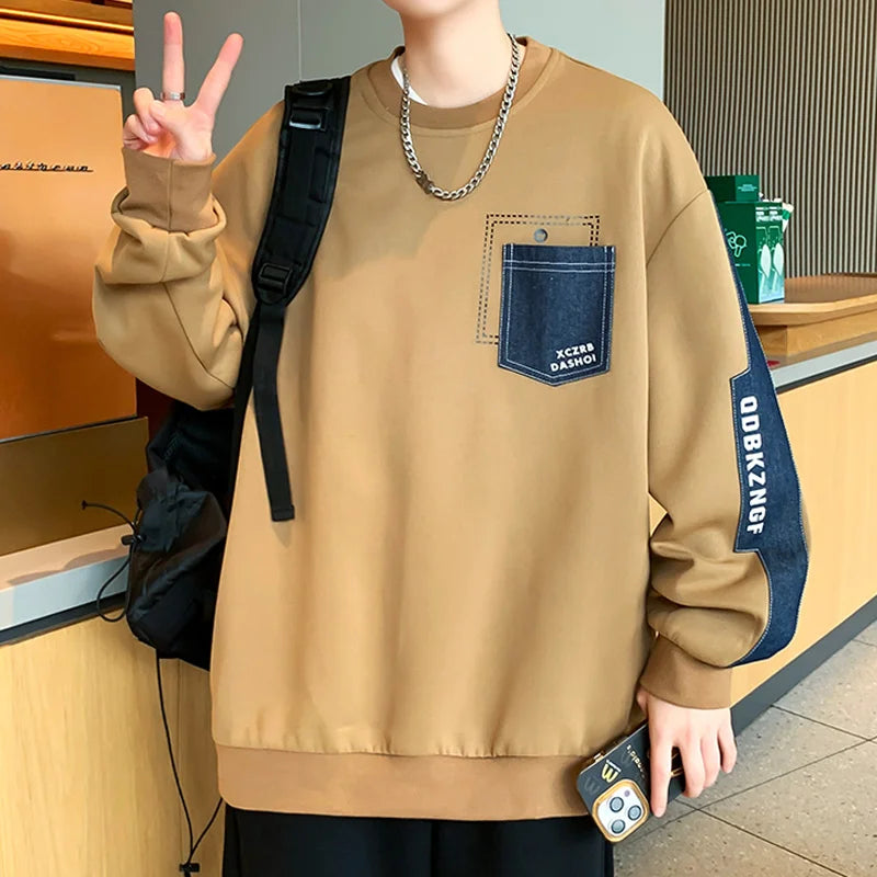2025 New Patchwork Pockets Sweatshirts For Man Letter Printed Crewneck Pullover Hoodies Autumn Y2K Streetwear Sudaderas Hombre
