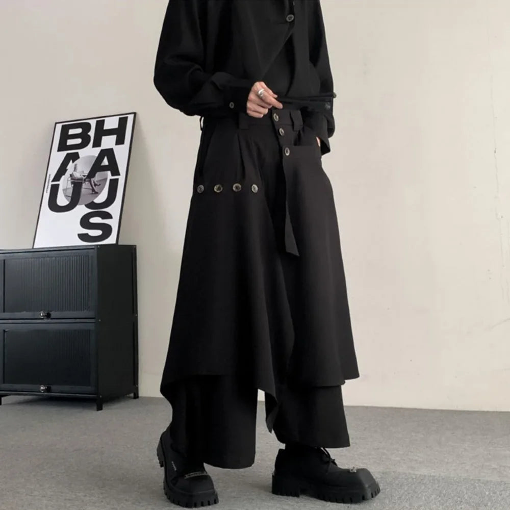 Y2k Double-Layer Irregular Casual Skirt Pants Genderless Japanese Streetwear Side Hem Design Versatile Samurai Skirt Unisex