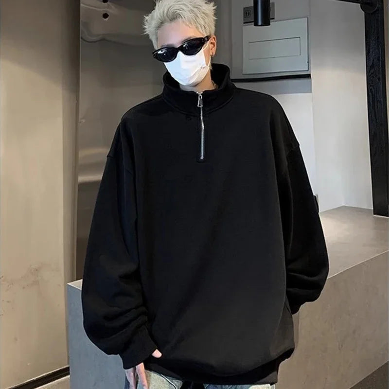 Men's Korean Fashion Half-zipper Sweatshirts Autumn Stand-up Collar Pullover Hoodies Y2K Vintage Solid Tops Hombre Tracksuit
