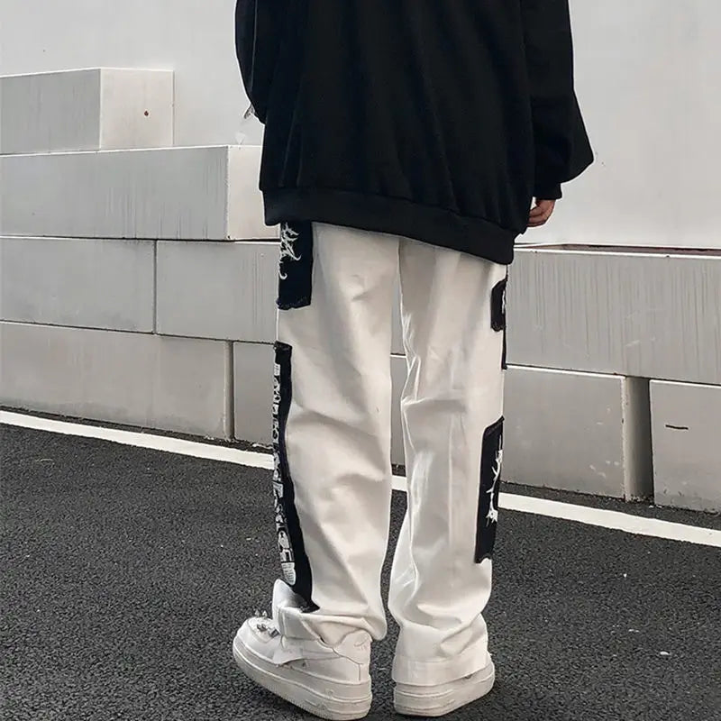 2024 Y2K Wide Leg Pants Black Cargo Trousers Male Hip Hop White Casual Harajuku Gothic Japanese Streetwear Patchwork 5XL