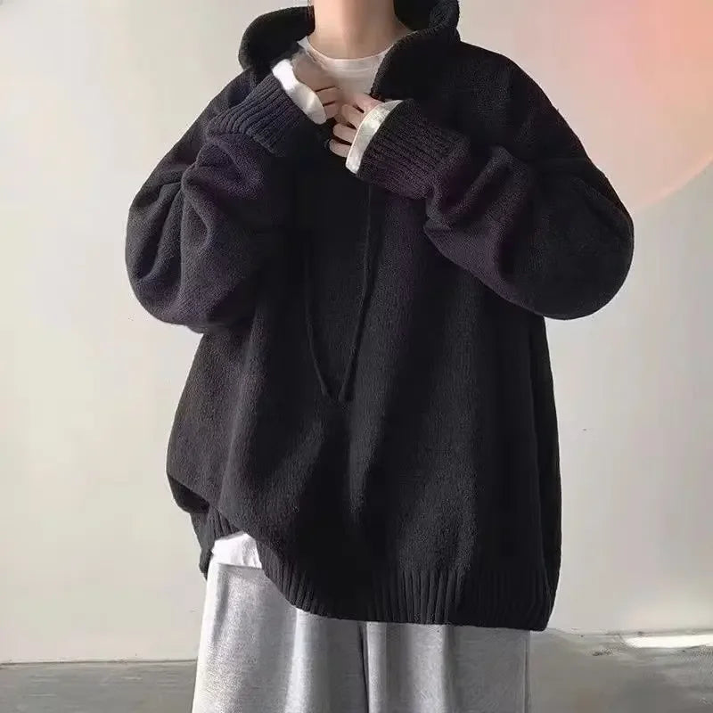 Men Sweater Streetwear Vintage Hooded Sweaters Oversized Pullovers Men Cozy Loose College Solid Knitted Tops Streetwear Hoodies