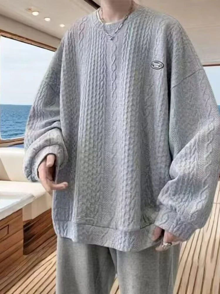Autumn Men's Oversized Waffle Crewneck Sweatshirts Appliques Long Sleeve Pullover Hoodies Korean Fashion Y2K Streetwear Sudadera