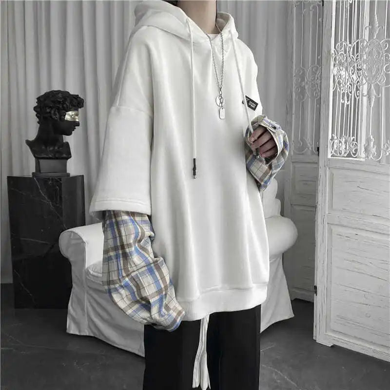 Fake Two Piece Plaid Patchwork Black White Oversize Harajuku Korean Fashion Casual 2024 Hoodie Long Sleeve Autumn Men Sweatshirt