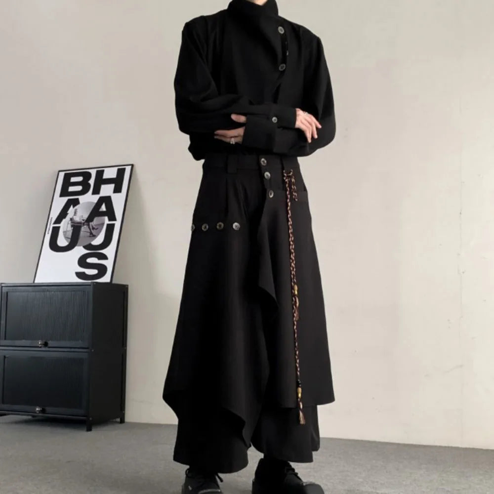 Y2k Double-Layer Irregular Casual Skirt Pants Genderless Japanese Streetwear Side Hem Design Versatile Samurai Skirt Unisex