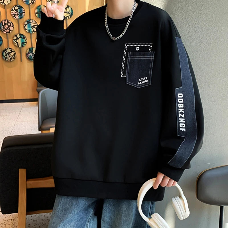 2025 New Patchwork Pockets Sweatshirts For Man Letter Printed Crewneck Pullover Hoodies Autumn Y2K Streetwear Sudaderas Hombre