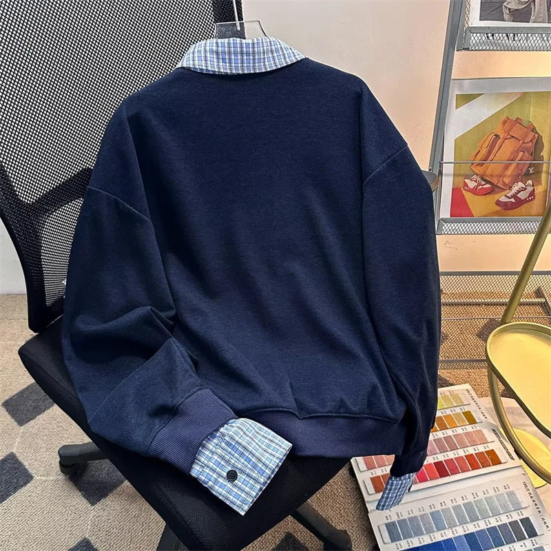 Spring Plaid Polo Neck Half-Zip Sweatshirts For Men Casual Fake Two-Piece Pullover Hoodies 2026 New High Street Y2K Tracksuit