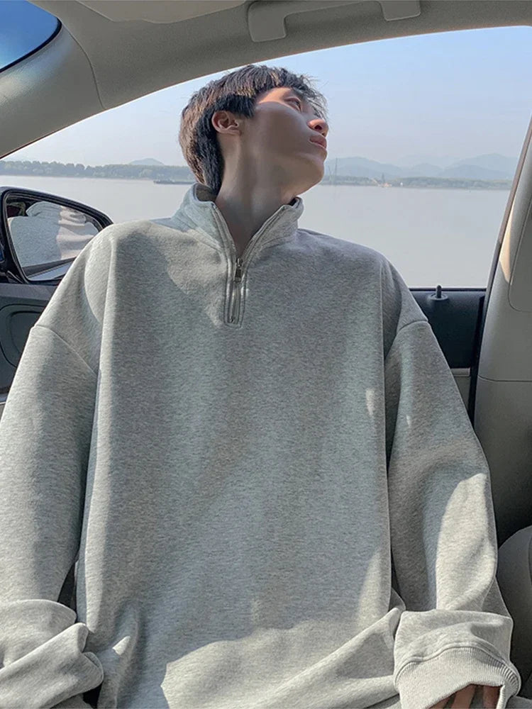 Men's Korean Fashion Half-zipper Sweatshirts Autumn Stand-up Collar Pullover Hoodies Y2K Vintage Solid Tops Hombre Tracksuit
