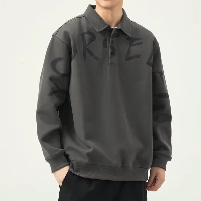 New High Street Letter Print Sweatshirts For Men Autumn Casual Long Sleeve Polo Shirts Y2K Vintage Oversized Lapel Hoodies
