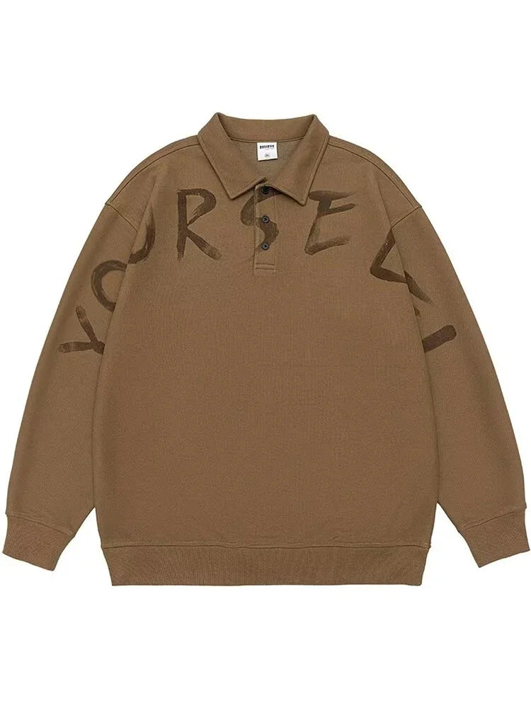 New High Street Letter Print Sweatshirts For Men Autumn Casual Long Sleeve Polo Shirts Y2K Vintage Oversized Lapel Hoodies