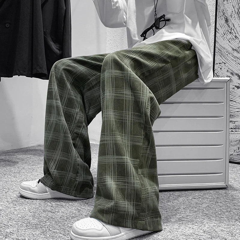 2024 Autumn Corduroy Pants Men Casual Plaid Straight Pant Male Hip Hop Male Loose Trousers for Man