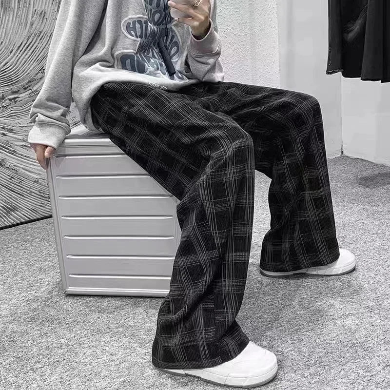 2024 Autumn Corduroy Pants Men Casual Plaid Straight Pant Male Hip Hop Male Loose Trousers for Man