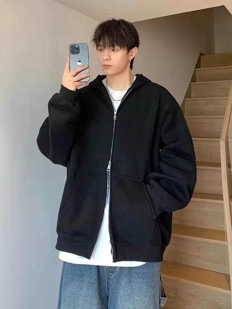 Winter Men's Fleece Zipper Hooded Sweatshirts 2025 New Classic Solid Color Oversized Hoodies Y2K Streetwear Outerwear Tracksuit