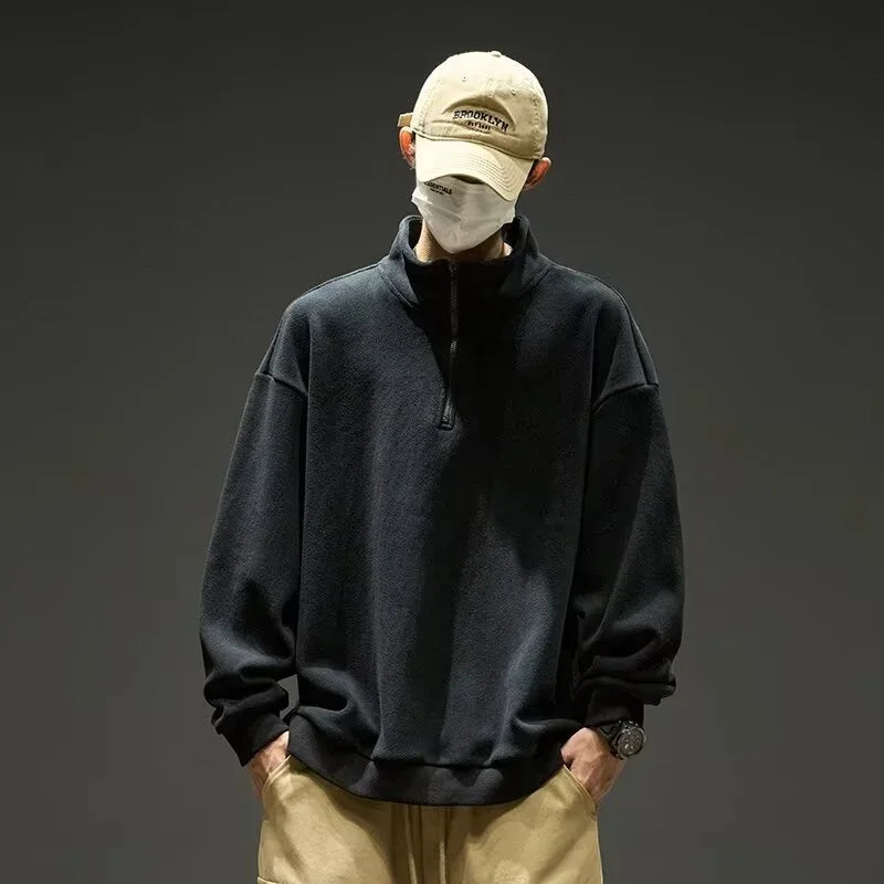 Men's Polar Fleece Half-zip Turtleneck Sweatshirts Korean Fashion Loose Pullover Hoodies New Y2K Vintage Streetwear ropa hombre