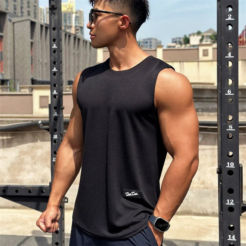 2023 Summer New Trend Men's Pullover Round Neck Mesh Bottom Sports Fitness running Top Sleeveless Tank Top Quick Drying