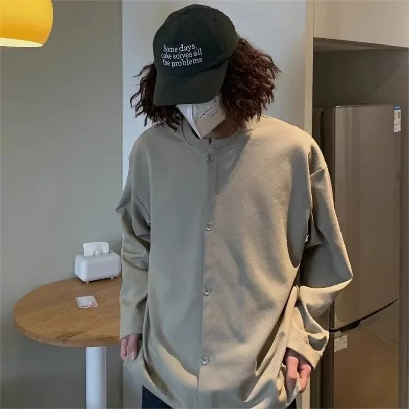 2025 New Casual Fake Two-piece Sweatshirts For Men Solid Color Henley Neck Button Jackets Korean Fashion Loose Y2K Sudaderas