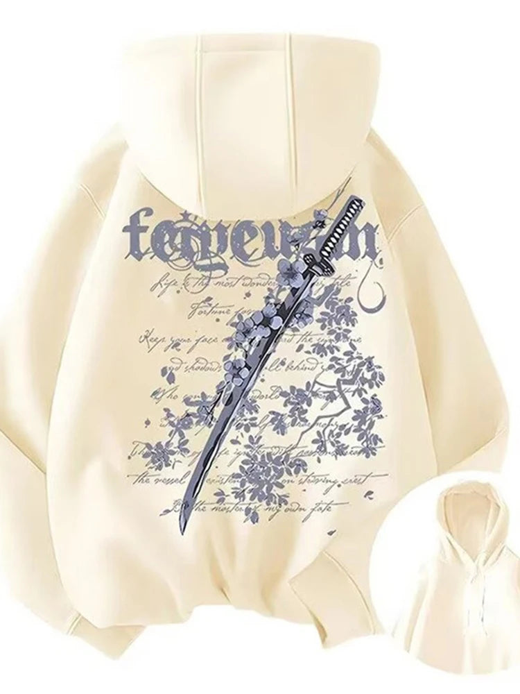 New Japanese Cherry Blossom Sword Graphic Y2K Hoodies Men's Cotton Fleece Oversized Hooded Sweatshirts Hip Hop Streetwear Hoody