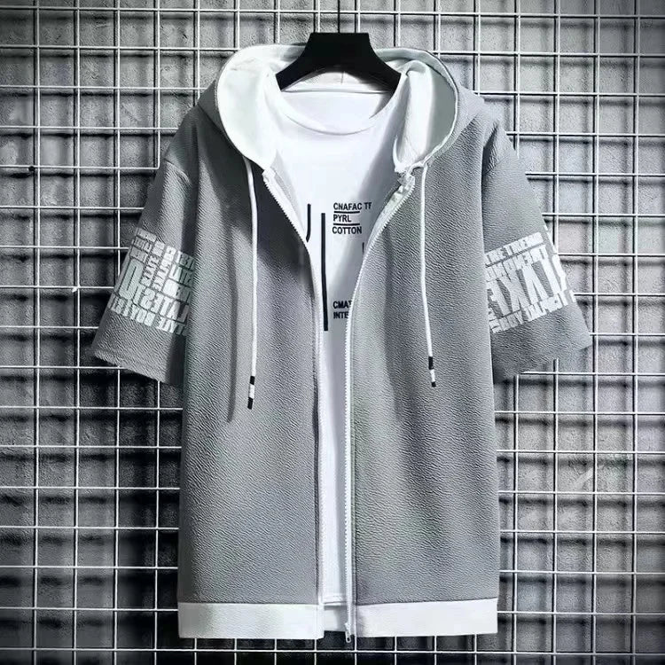 Men Sets 2 Pieces Tracksuit Summer Short Sleeve Hooded Tops +Shorts Streetwear Loose Mens Suit Casual Zipper Hip Hop Sportswear