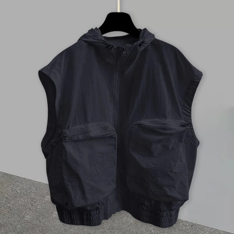 Oversized American Vintage Hooded Vest Men Sleeveless Zipper Hoodie Spring Summer Silhouette Design Denim Shoulder Pads Tank Top