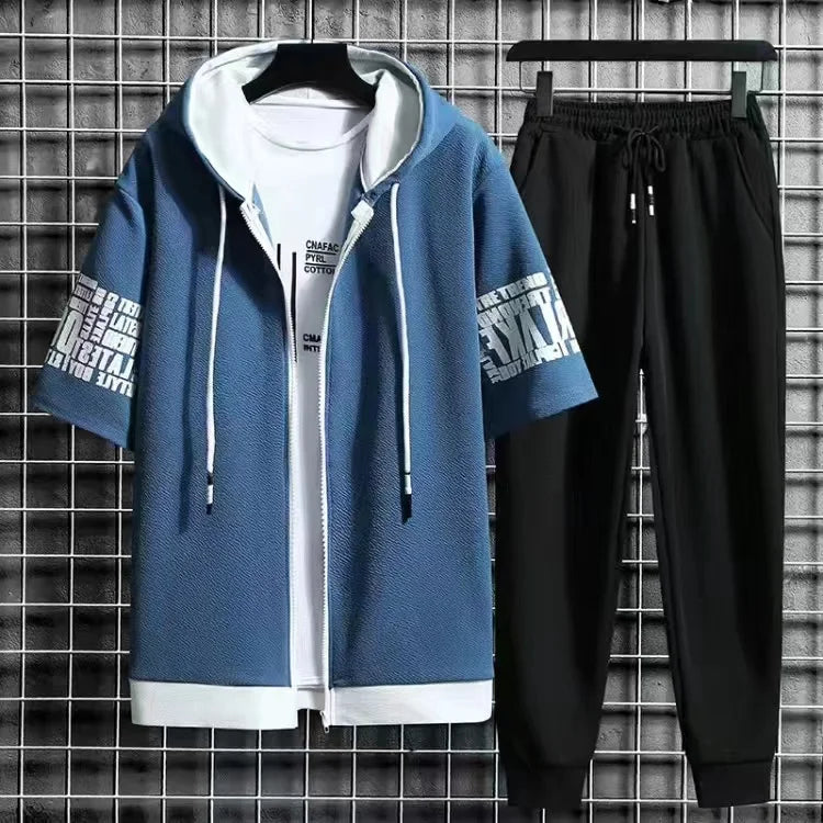 Men Sets 2 Pieces Tracksuit Summer Short Sleeve Hooded Tops +Shorts Streetwear Loose Mens Suit Casual Zipper Hip Hop Sportswear